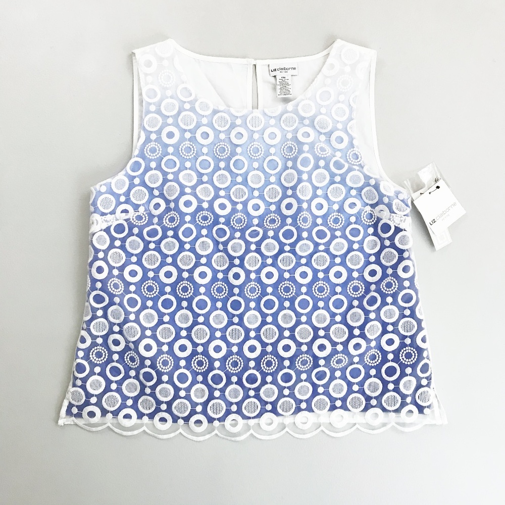 LIZ CLAIBORNE Hot House Tropical Shell Top PXL NWT Lace Overlay Blue White